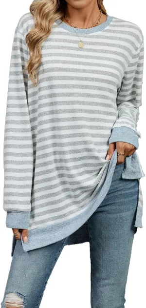Long Sleeve Shirts for Women Fall Fashion Crewneck Striped Tops Loose Fit Color Block Pullover Outfits