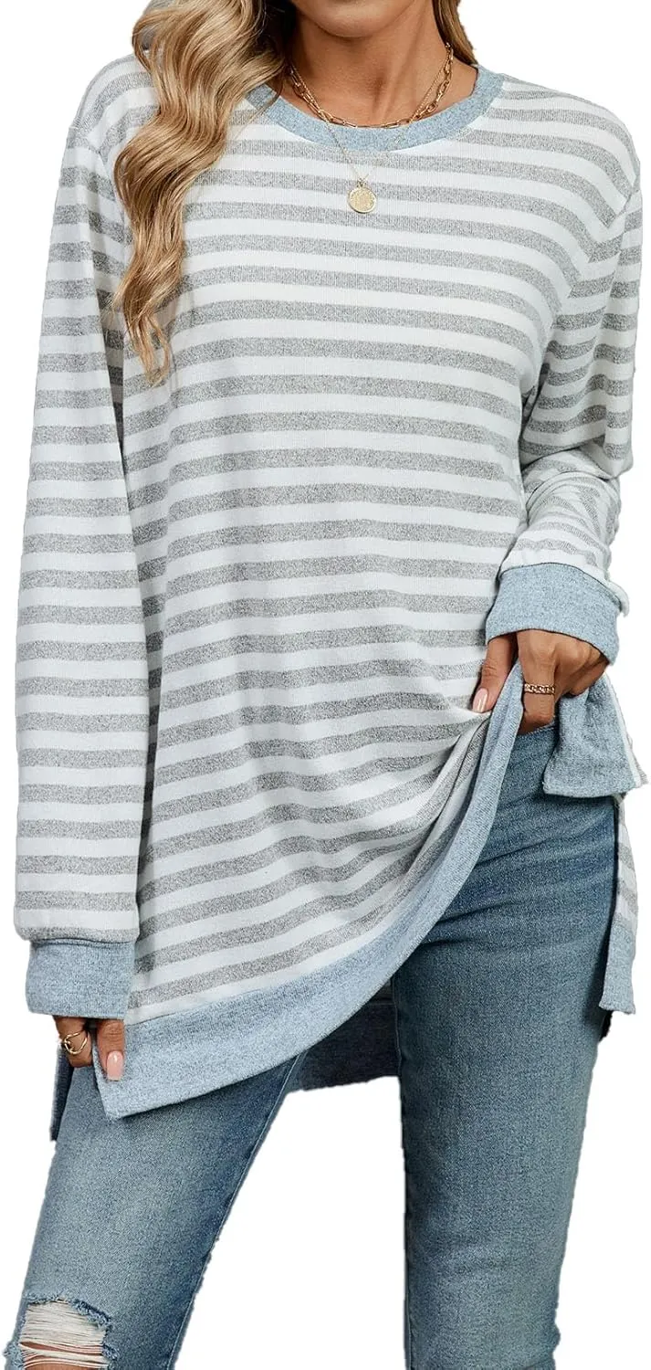 Long Sleeve Shirts for Women Fall Fashion Crewneck Striped Tops Loose Fit Color Block Pullover Outfits