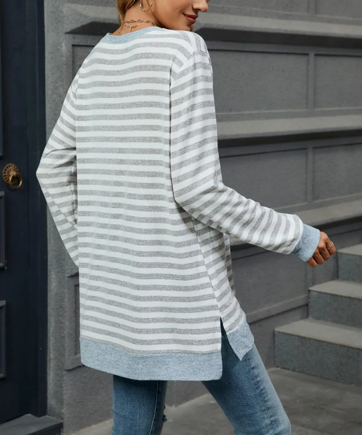 Long Sleeve Shirts for Women Fall Fashion Crewneck Striped Tops Loose Fit Color Block Pullover Outfits