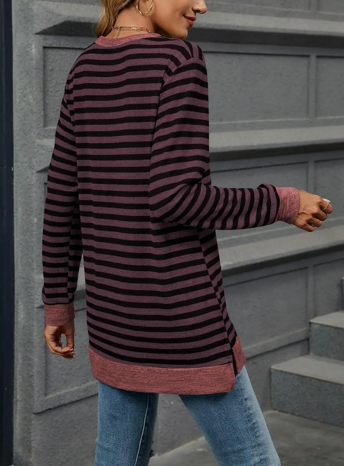 Long Sleeve Shirts for Women Fall Fashion Crewneck Striped Tops Loose Fit Color Block Pullover Outfits