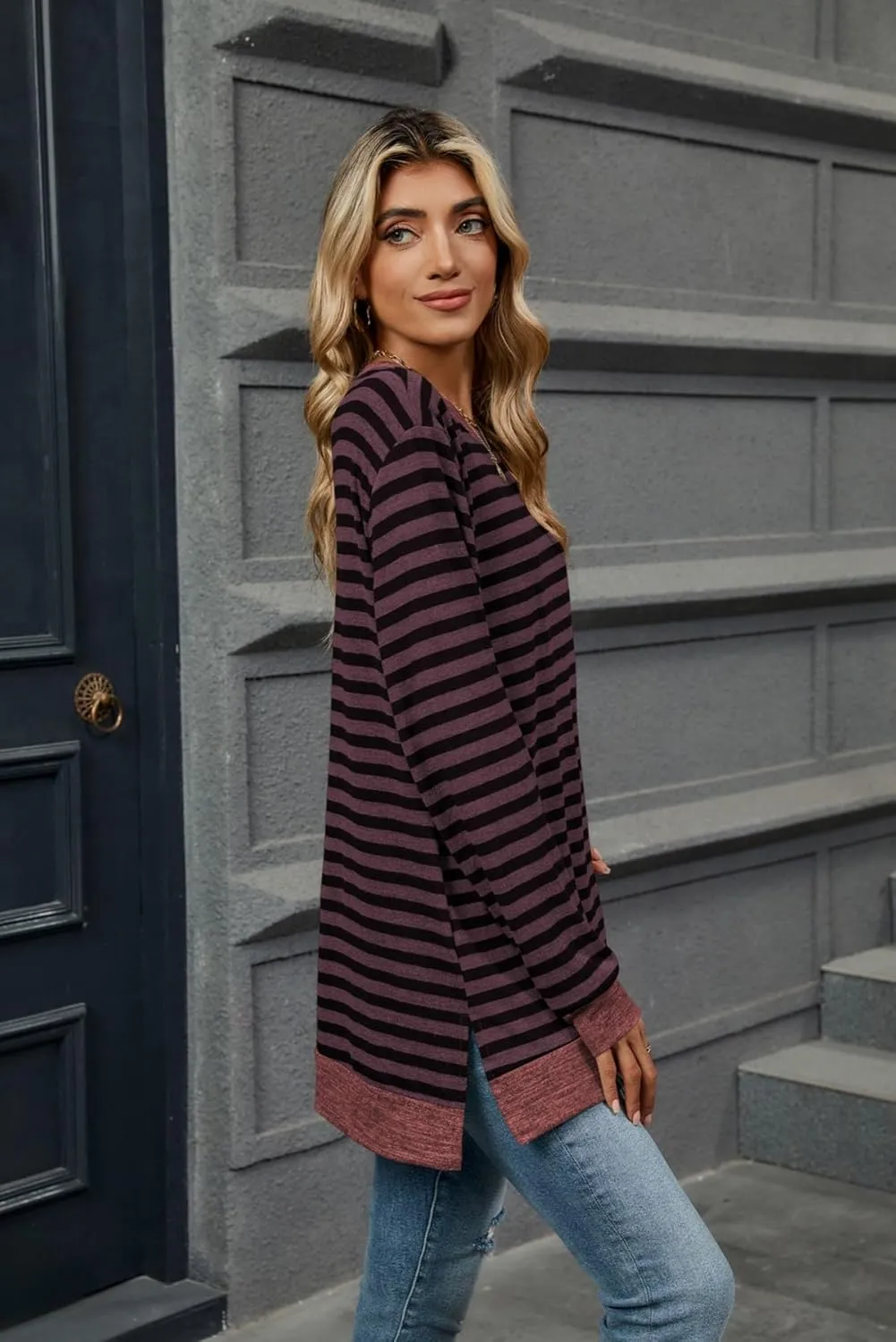 Long Sleeve Shirts for Women Fall Fashion Crewneck Striped Tops Loose Fit Color Block Pullover Outfits