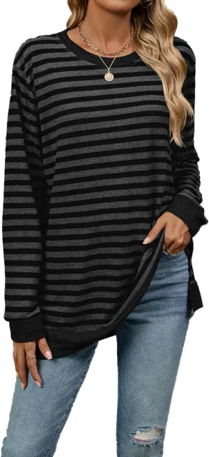 Long Sleeve Shirts for Women Fall Fashion Crewneck Striped Tops Loose Fit Color Block Pullover Outfits