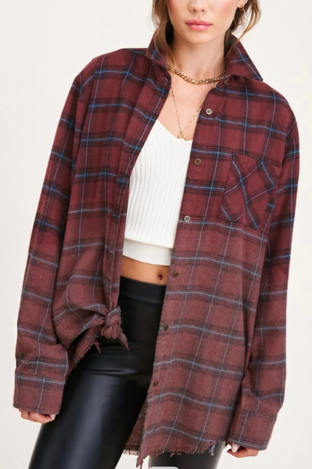 LONG SLEEVE TWO TONED PLAID BUTTON DOWN SHIRT WITH RAW HEM