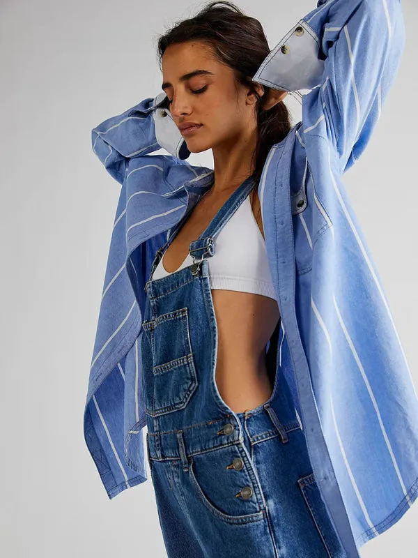 Loose Fit Denim Overalls for Women with Pockets and Adjustable Shoulder Straps