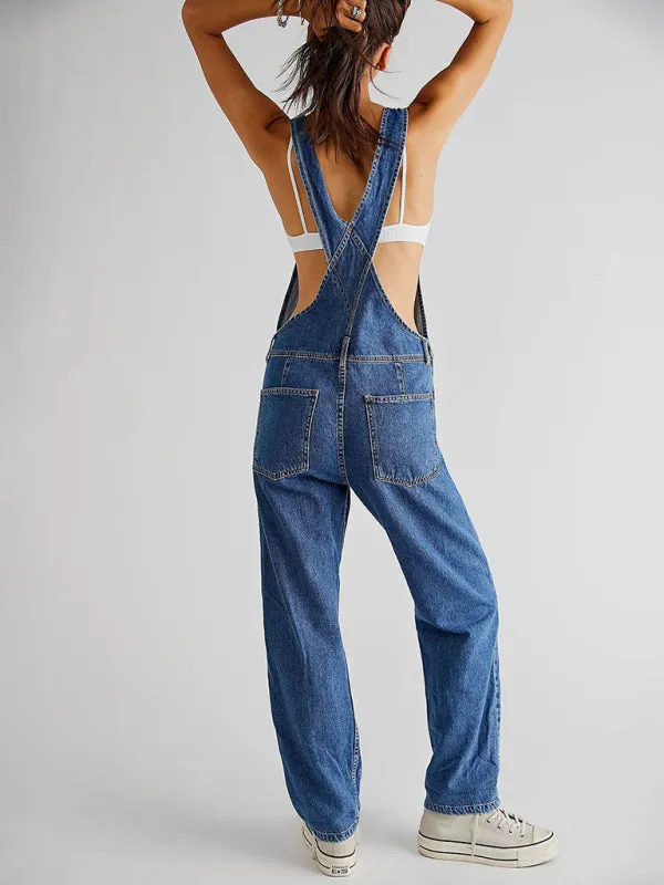 Loose Fit Denim Overalls for Women with Pockets and Adjustable Shoulder Straps