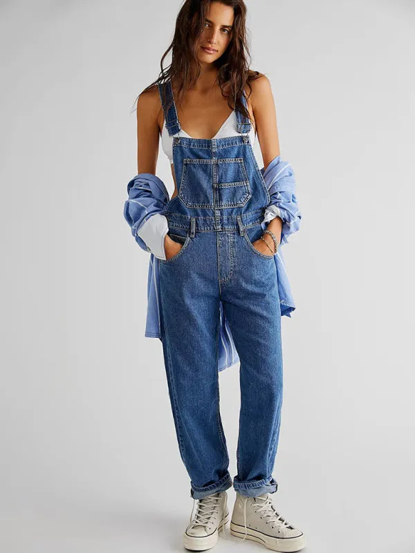 Loose Fit Denim Overalls for Women with Pockets and Adjustable Shoulder Straps