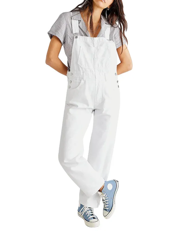 Loose Fit Denim Overalls for Women with Pockets and Adjustable Shoulder Straps