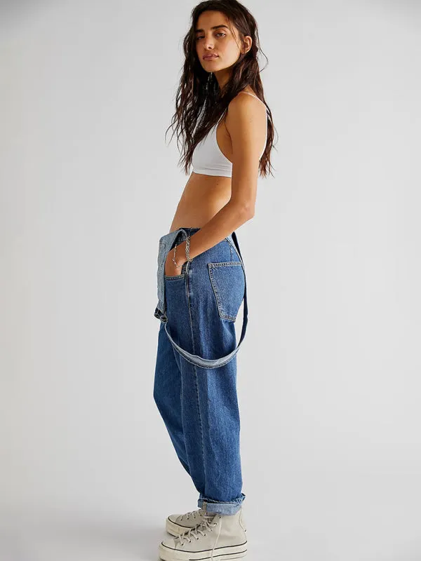 Loose Fit Denim Overalls for Women with Pockets and Adjustable Shoulder Straps