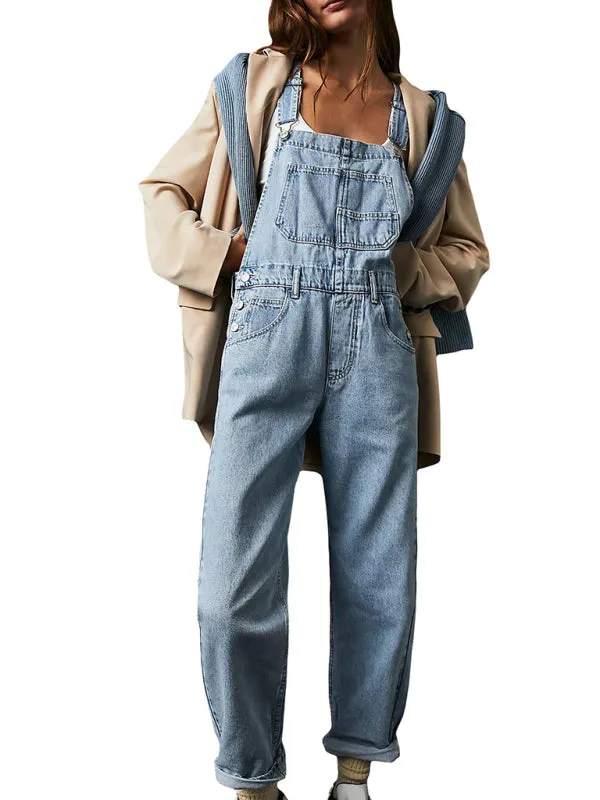 Loose Fit Denim Overalls for Women with Pockets and Adjustable Shoulder Straps