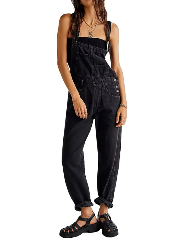 Loose Fit Denim Overalls for Women with Pockets and Adjustable Shoulder Straps
