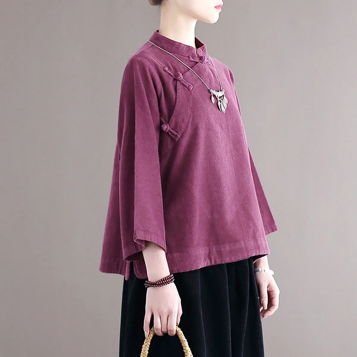 Loose Purple Stand Collar Button Corduroy Shirts Fall ML2340