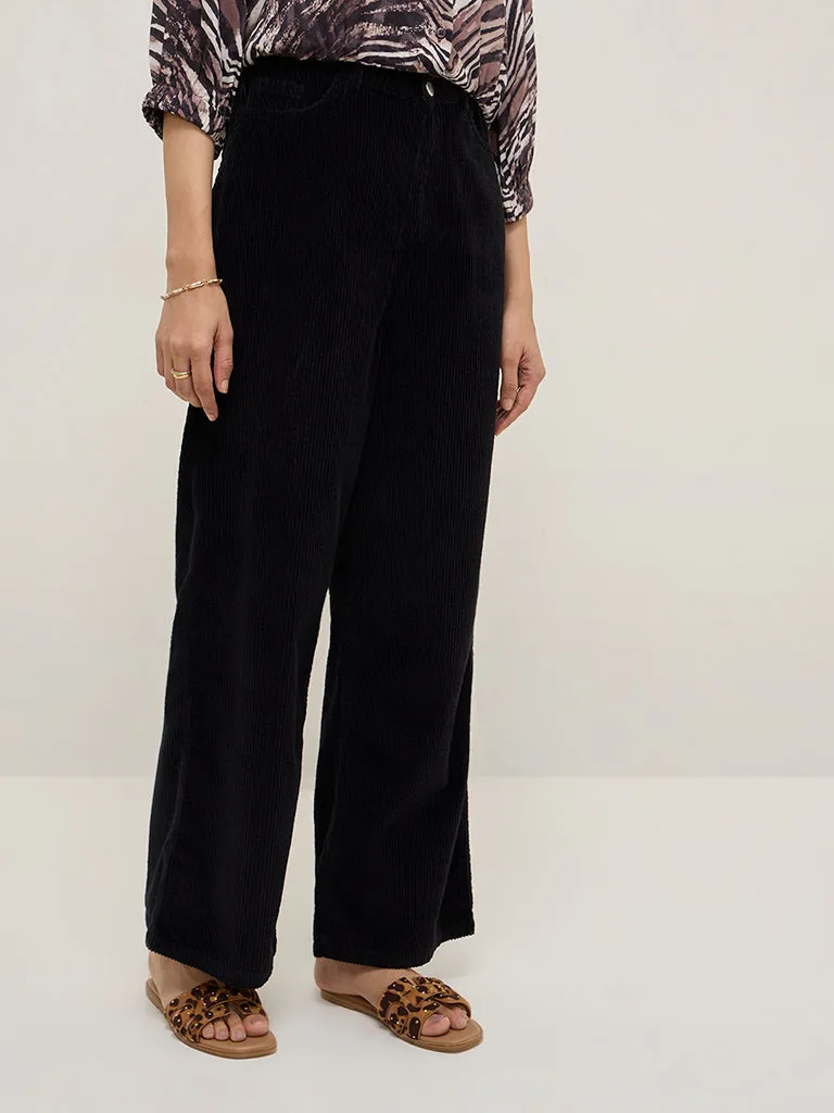 LOV Black Corduroy High-Rise Cotton-Blend Trousers