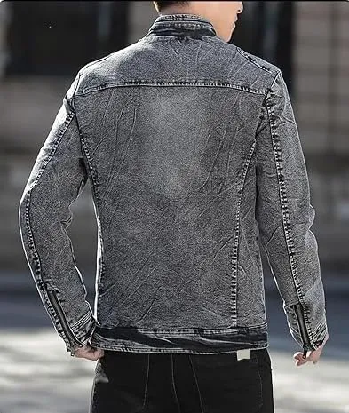 Maiyifu-GJ Men's Denim Jackets Outerwear Fall Winter Stand Collar Distressed Jean Jacket Warm Fleece Lined Trucker Coats
