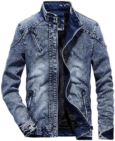 Maiyifu-GJ Men's Denim Jackets Outerwear Fall Winter Stand Collar Distressed Jean Jacket Warm Fleece Lined Trucker Coats