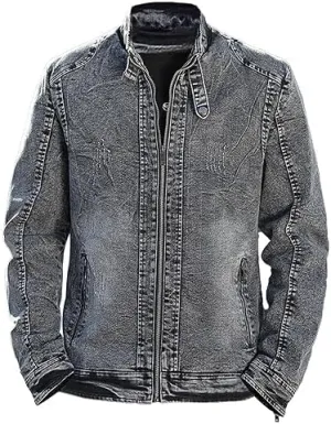 Maiyifu-GJ Men's Denim Jackets Outerwear Fall Winter Stand Collar Distressed Jean Jacket Warm Fleece Lined Trucker Coats