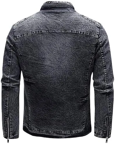 Maiyifu-GJ Men's Denim Jackets Outerwear Fall Winter Stand Collar Distressed Jean Jacket Warm Fleece Lined Trucker Coats