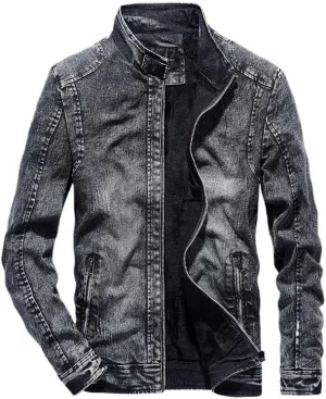 Maiyifu-GJ Men's Denim Jackets Outerwear Fall Winter Stand Collar Distressed Jean Jacket Warm Fleece Lined Trucker Coats