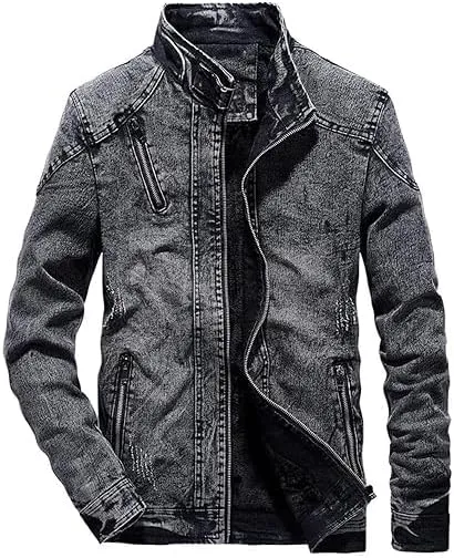 Maiyifu-GJ Men's Denim Jackets Outerwear Fall Winter Stand Collar Distressed Jean Jacket Warm Fleece Lined Trucker Coats