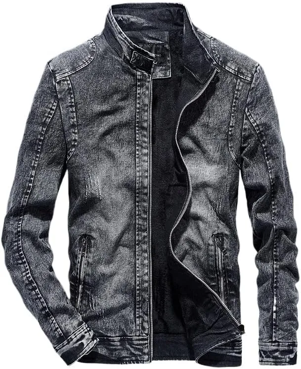 Maiyifu-GJ Men's Denim Jackets Outerwear Fall Winter Stand Collar Distressed Jean Jacket Warm Fleece Lined Trucker Coats