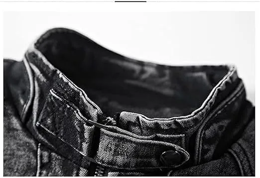 Maiyifu-GJ Men's Denim Jackets Outerwear Fall Winter Stand Collar Distressed Jean Jacket Warm Fleece Lined Trucker Coats