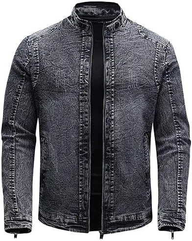 Maiyifu-GJ Men's Denim Jackets Outerwear Fall Winter Stand Collar Distressed Jean Jacket Warm Fleece Lined Trucker Coats
