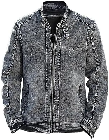 Maiyifu-GJ Men's Denim Jackets Outerwear Fall Winter Stand Collar Distressed Jean Jacket Warm Fleece Lined Trucker Coats
