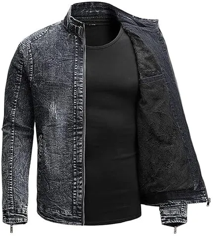 Maiyifu-GJ Men's Denim Jackets Outerwear Fall Winter Stand Collar Distressed Jean Jacket Warm Fleece Lined Trucker Coats
