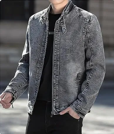 Maiyifu-GJ Men's Denim Jackets Outerwear Fall Winter Stand Collar Distressed Jean Jacket Warm Fleece Lined Trucker Coats