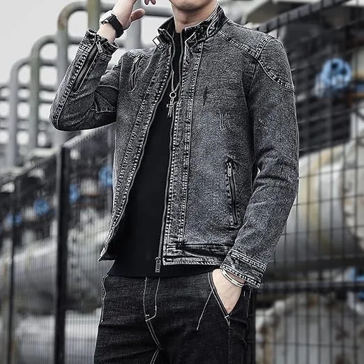 Maiyifu-GJ Men's Denim Jackets Outerwear Fall Winter Stand Collar Distressed Jean Jacket Warm Fleece Lined Trucker Coats