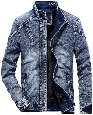 Maiyifu-GJ Men's Denim Jackets Outerwear Fall Winter Stand Collar Distressed Jean Jacket Warm Fleece Lined Trucker Coats