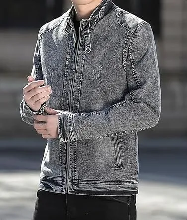 Maiyifu-GJ Men's Denim Jackets Outerwear Fall Winter Stand Collar Distressed Jean Jacket Warm Fleece Lined Trucker Coats