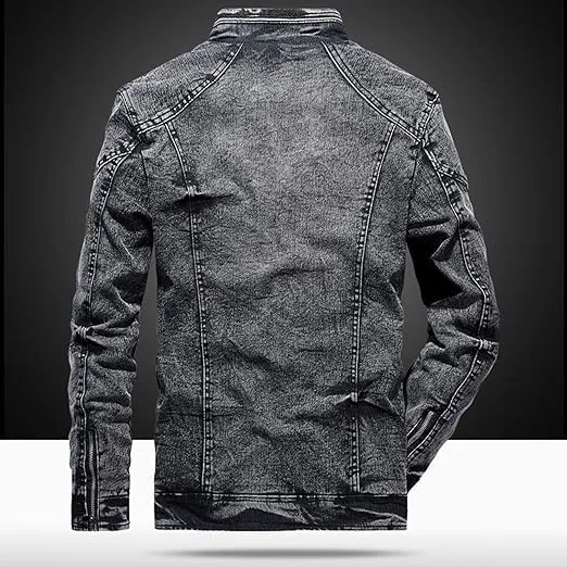 Maiyifu-GJ Men's Denim Jackets Outerwear Fall Winter Stand Collar Distressed Jean Jacket Warm Fleece Lined Trucker Coats