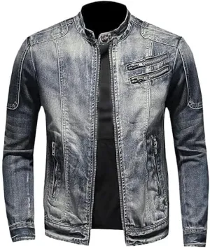Maiyifu-GJ Men's Denim Jackets Outerwear Fall Winter Stand Collar Distressed Jean Jacket Warm Fleece Lined Trucker Coats