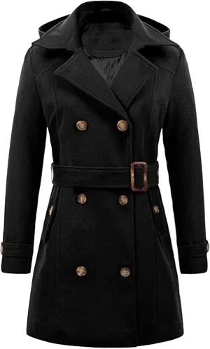 Maiyifu-GJ Women's Double Breasted Hooded Wool Coat Mid-Long Notched Lapel Trench Overcoat Fall Winter Jackets Outerwear