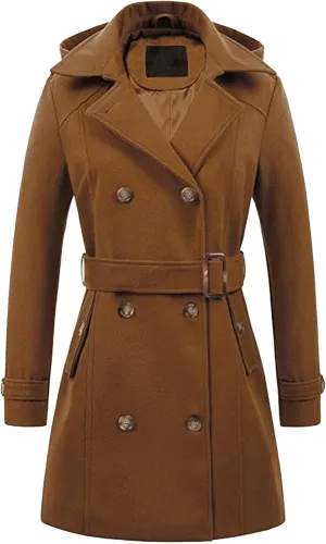 Maiyifu-GJ Women's Double Breasted Hooded Wool Coat Mid-Long Notched Lapel Trench Overcoat Fall Winter Jackets Outerwear