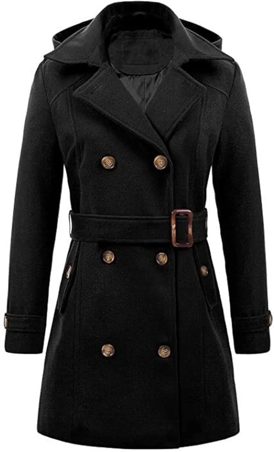 Maiyifu-GJ Women's Double Breasted Hooded Wool Coat Mid-Long Notched Lapel Trench Overcoat Fall Winter Jackets Outerwear