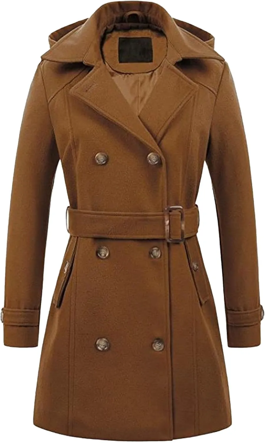 Maiyifu-GJ Women's Double Breasted Hooded Wool Coat Mid-Long Notched Lapel Trench Overcoat Fall Winter Jackets Outerwear