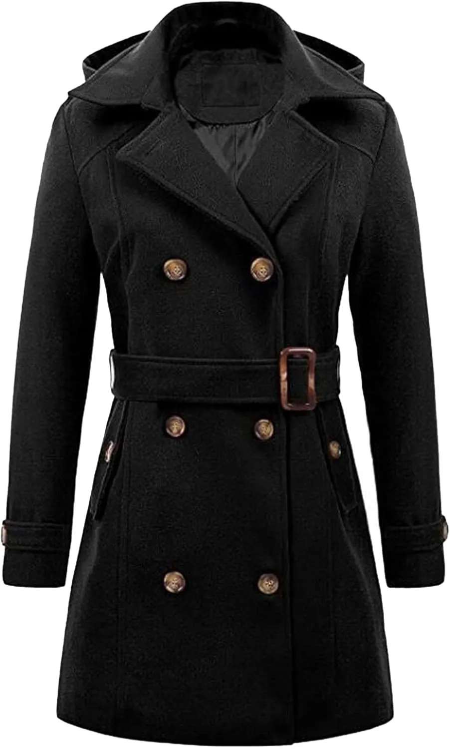 Maiyifu-GJ Women's Double Breasted Hooded Wool Coat Mid-Long Notched Lapel Trench Overcoat Fall Winter Jackets Outerwear