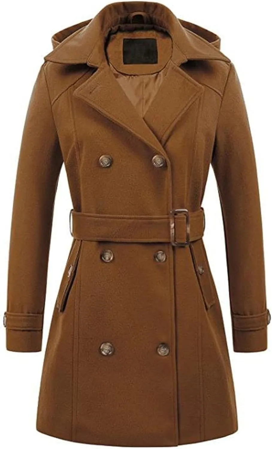 Maiyifu-GJ Women's Double Breasted Hooded Wool Coat Mid-Long Notched Lapel Trench Overcoat Fall Winter Jackets Outerwear