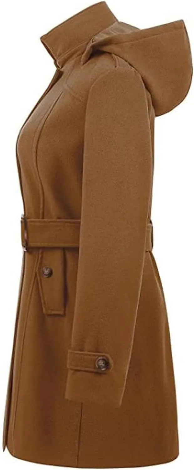 Maiyifu-GJ Women's Double Breasted Hooded Wool Coat Mid-Long Notched Lapel Trench Overcoat Fall Winter Jackets Outerwear