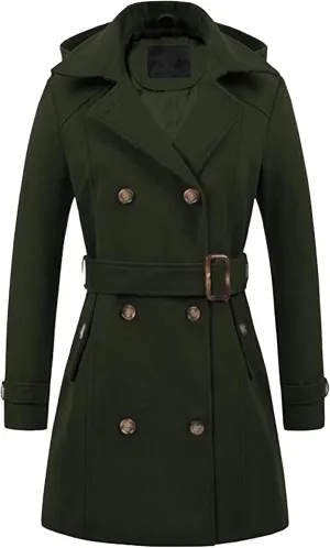 Maiyifu-GJ Women's Double Breasted Hooded Wool Coat Mid-Long Notched Lapel Trench Overcoat Fall Winter Jackets Outerwear