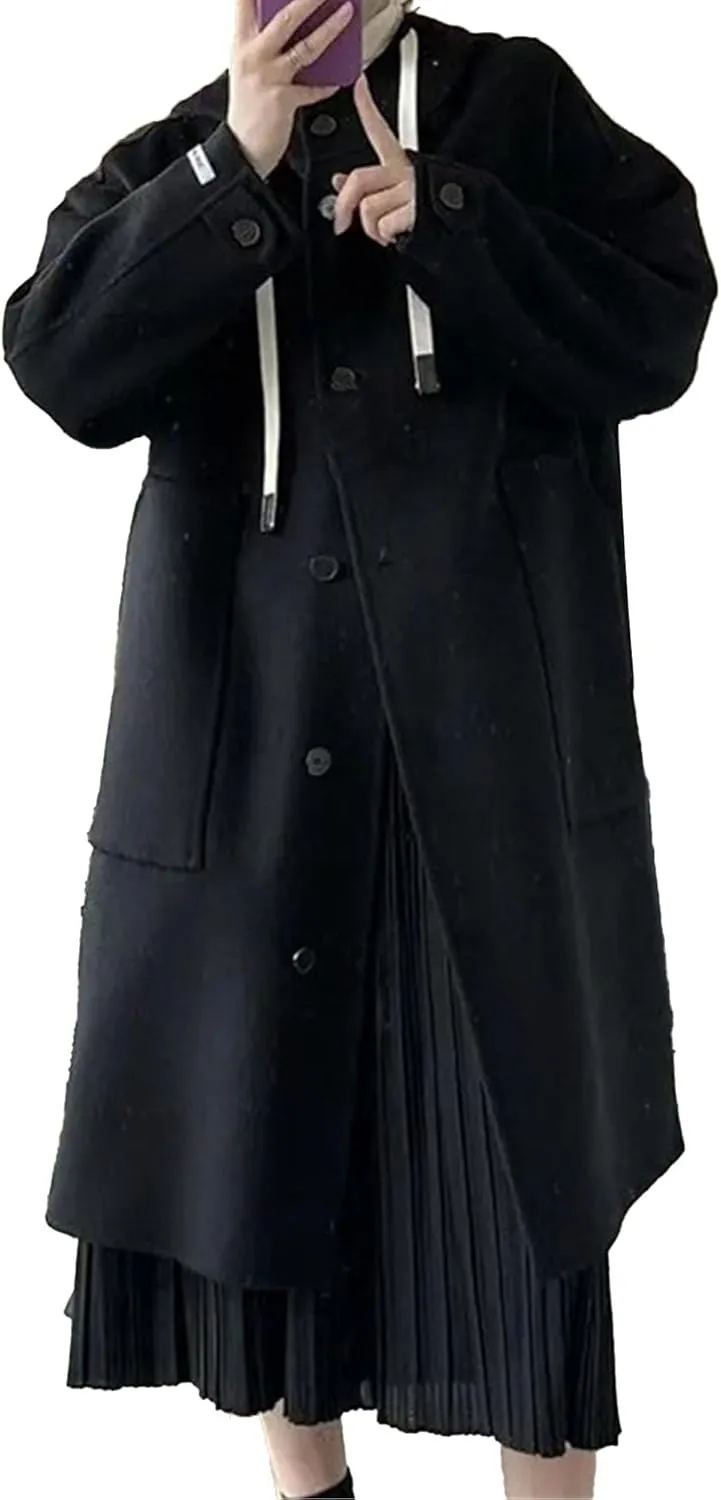 Maiyifu-GJ Womens Wool Blend Hooded Overcoat Winter Single Breasted Long Trench Coat Outdoor Windbreaker Jackets Outerwear