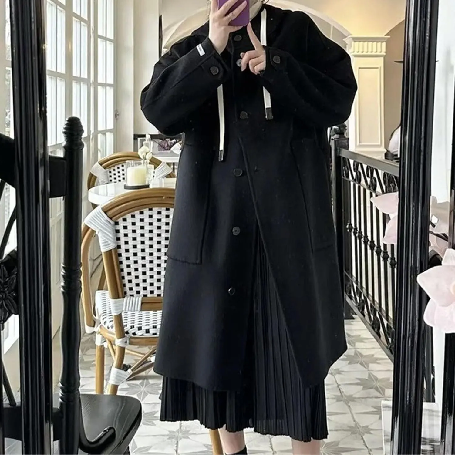 Maiyifu-GJ Womens Wool Blend Hooded Overcoat Winter Single Breasted Long Trench Coat Outdoor Windbreaker Jackets Outerwear