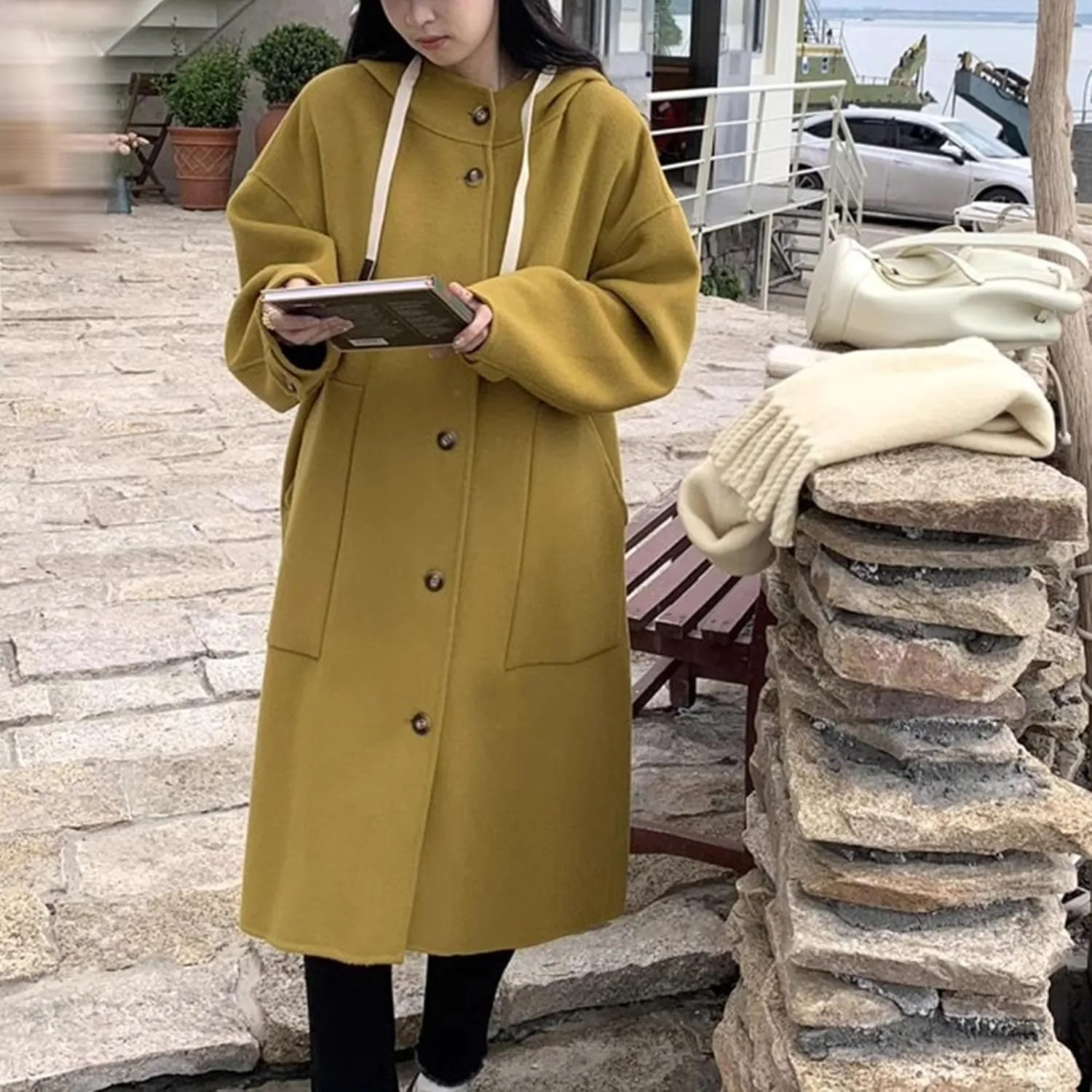 Maiyifu-GJ Womens Wool Blend Hooded Overcoat Winter Single Breasted Long Trench Coat Outdoor Windbreaker Jackets Outerwear