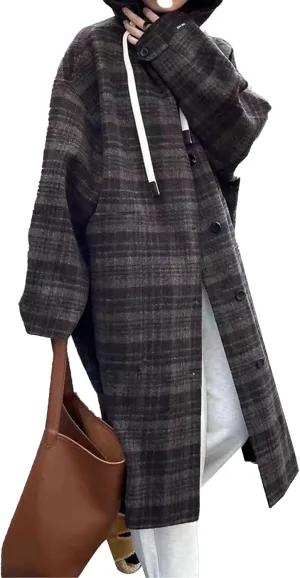 Maiyifu-GJ Womens Wool Blend Hooded Overcoat Winter Single Breasted Long Trench Coat Outdoor Windbreaker Jackets Outerwear