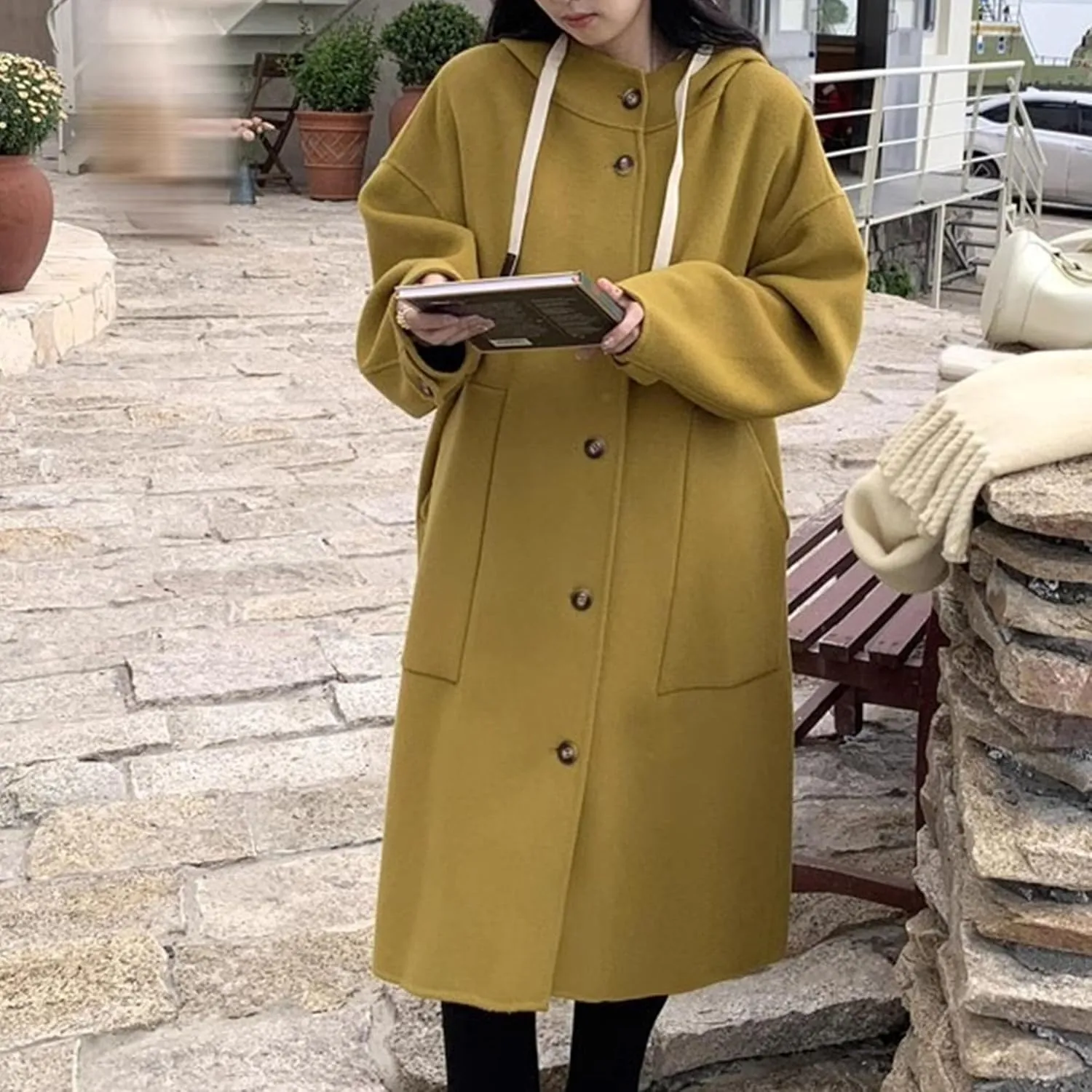 Maiyifu-GJ Womens Wool Blend Hooded Overcoat Winter Single Breasted Long Trench Coat Outdoor Windbreaker Jackets Outerwear