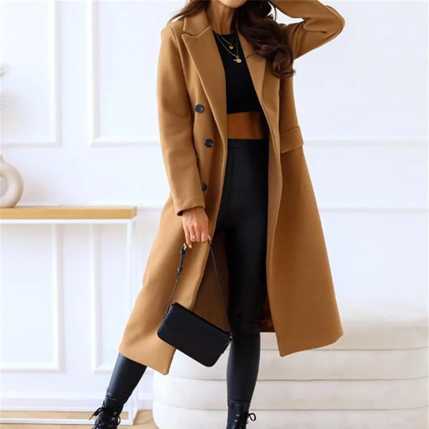 Maiyifu-GJ Wool Blend Coat for Women Notched Collar Double Breasted Trench Coat Fall Winter Elegant Long Jacket Outerwear