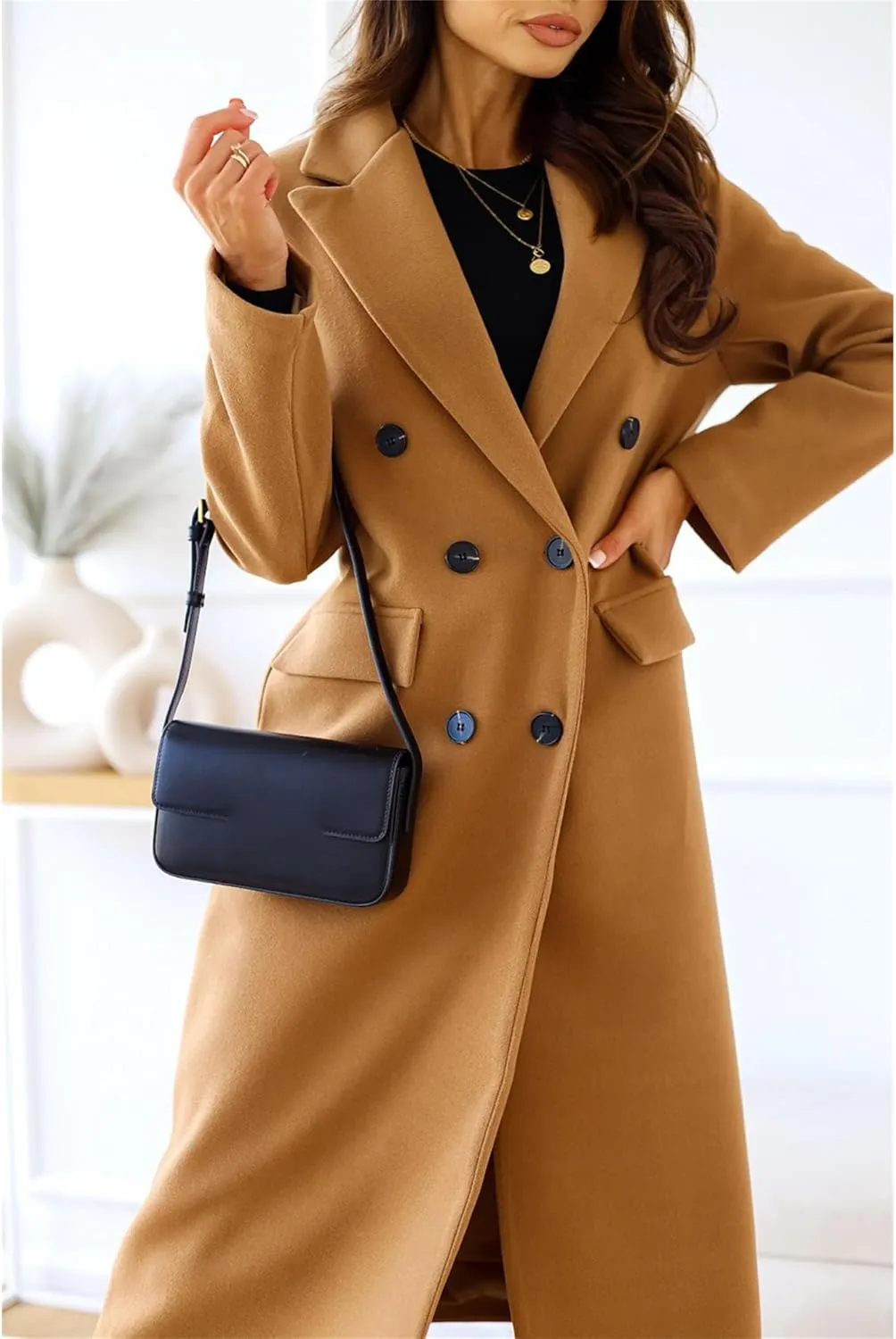 Maiyifu-GJ Wool Blend Coat for Women Notched Collar Double Breasted Trench Coat Fall Winter Elegant Long Jacket Outerwear
