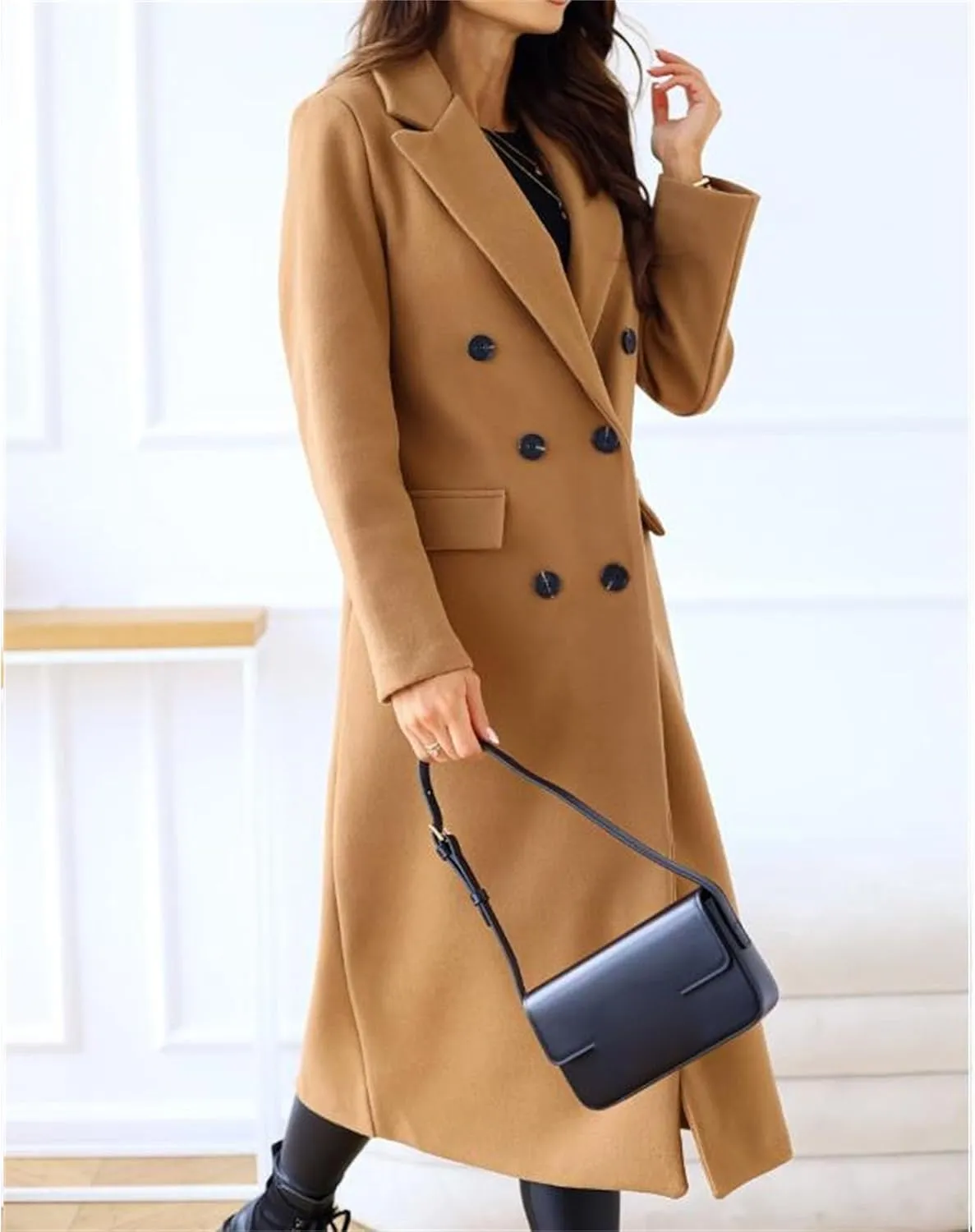 Maiyifu-GJ Wool Blend Coat for Women Notched Collar Double Breasted Trench Coat Fall Winter Elegant Long Jacket Outerwear