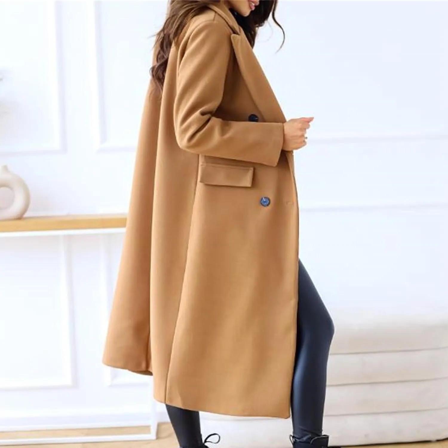 Maiyifu-GJ Wool Blend Coat for Women Notched Collar Double Breasted Trench Coat Fall Winter Elegant Long Jacket Outerwear